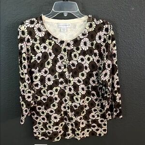 Women’s Sag Harbor Brown and White Buttoned Blouse 3/4 Sleeve
